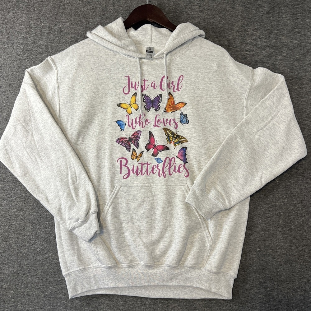 Gildan Heavy Blend Hoodie Womens Size MED Pullover Kangaroo Pocket Butterflies